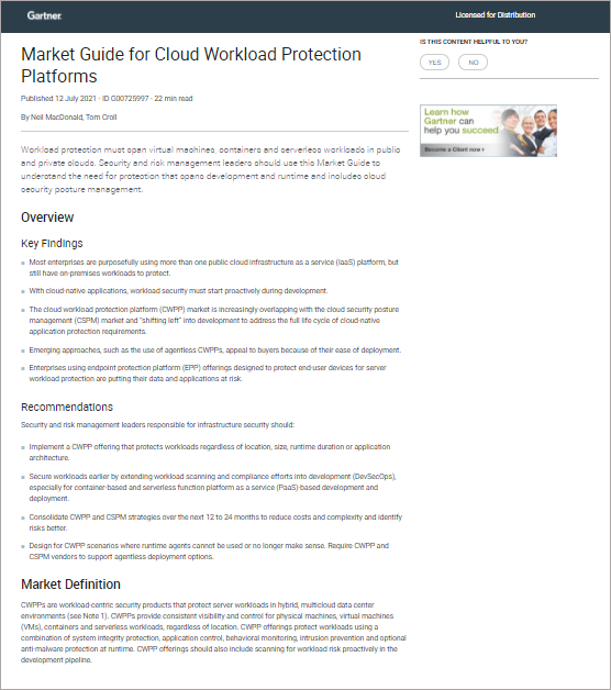 Gartner Market Guide for Cloud Workload Protection Platforms